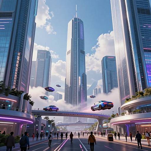Photorealistic digital art of a futuristic city with towering skyscrapers, flying cars, and a busy street with pedestrians. Neon lights and clear blue