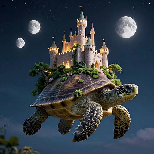 Digital artwork: A detailed, realistic turtle with textured shell and green eyes carries a whimsical, illuminated castle adorned with trees and flowers, against a star