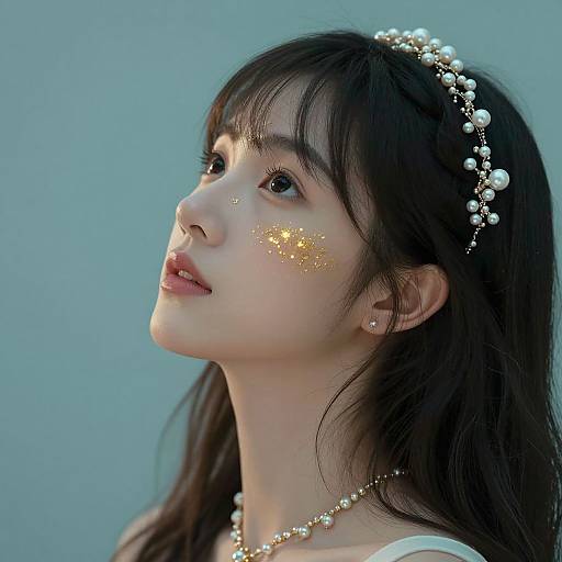 Photograph of an Asian woman with fair skin, long black hair, wearing a pearl headband and necklace, gold glitter on her cheeks, against a