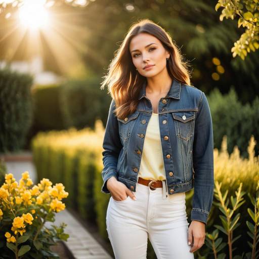 Young Woman in Denim Jacket in Sunlit Garden
