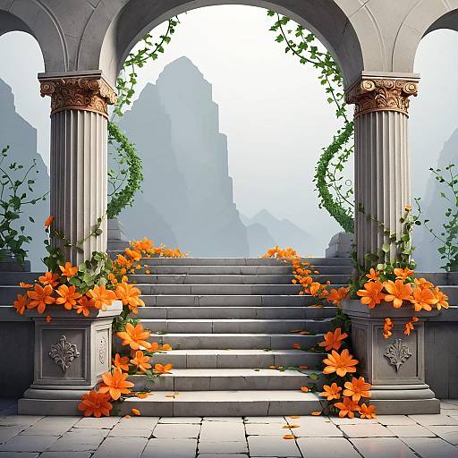 Fantasy Orange Flower Archway on Stone Steps
