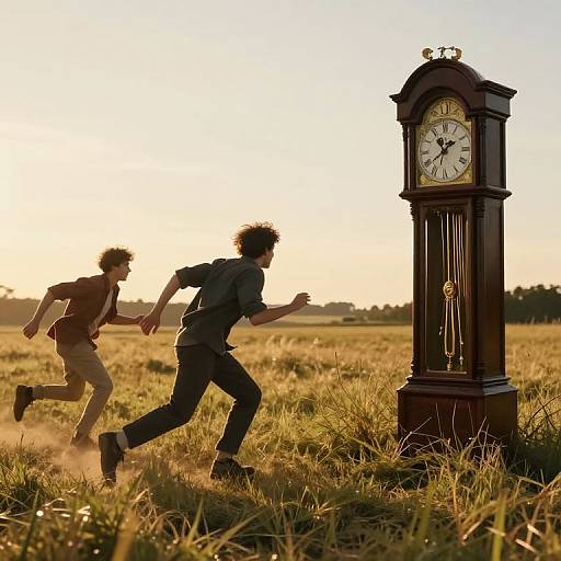 Photograph of two men running towards a vintage wooden clock in a sunlit grassy field, dust kicking up behind them.