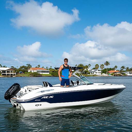 Photograph of a muscular man in a blue sleeveless shirt and black sunglasses, standing on a white and black motorboat, with a tropical suburban backdrop