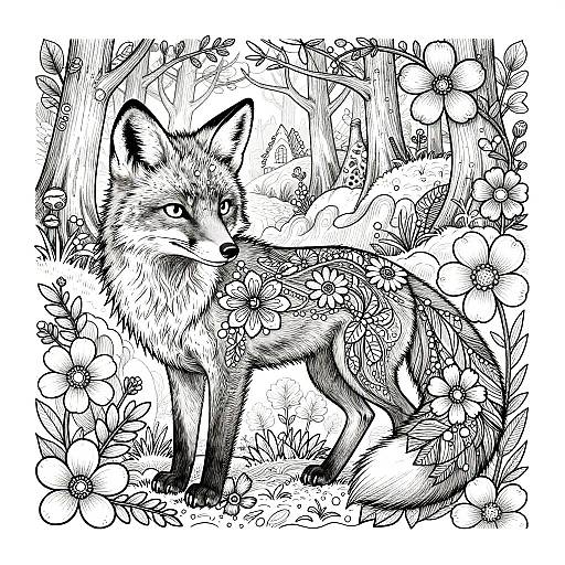 Intricate Fox Floral Coloring Pages