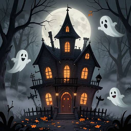 Charming Cartoon Haunted Mansion Scene