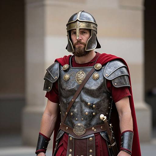 Photograph of a bearded man in ancient Roman-style armor with a metal helmet, red tunic, and dark leather chest plate. Background shows blurred