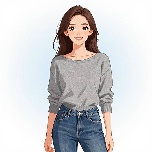 Digital anime-style drawing of a smiling young woman with long brown hair, wearing a gray sweater and blue jeans, standing against a white background.