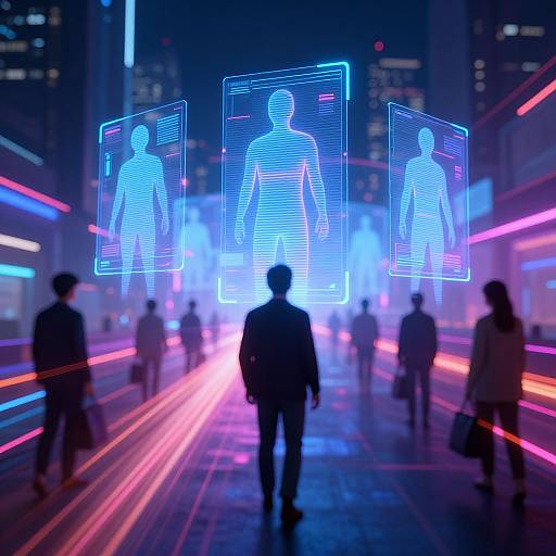 Neon-lit futuristic city street with silhouetted figures; central blue holographic human silhouettes float above; vibrant pink and blue lights