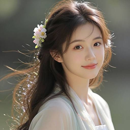 Photograph of an Asian woman with long, flowing brown hair, wearing a white floral headpiece and sheer white top, softly lit against a blurred green