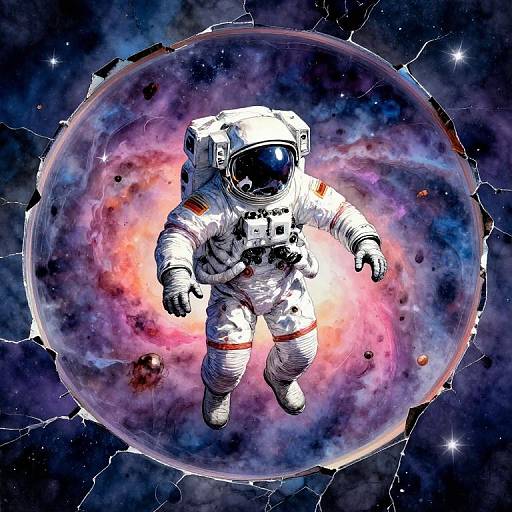 Digital artwork of a white-suited astronaut with a reflective helmet floating in front of a vibrant, colorful nebula surrounded by stars and cosmic energy lines.