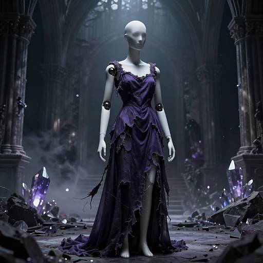 Digital art of a bald, white-skinned, faceless female robot in a tattered, purple dress, standing in a dark, ruined Gothic cathedral