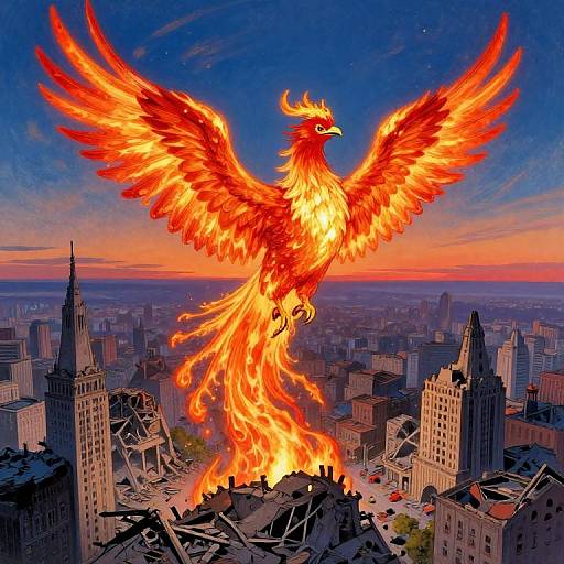 Digital artwork of a colossal, fiery phoenix with glowing red and orange feathers rising from a city's rooftop, surrounded by skyscrapers and an orange-blue