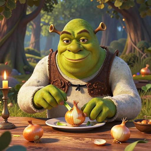 A green-skinned, horned ogre with a white and brown vest, smiling while peeling a garlic bulb at a forest table with candles and