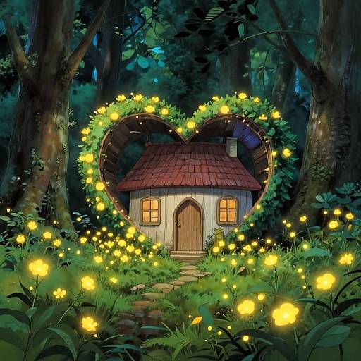 A magical forest scene with a small, wooden cottage framed by glowing yellow fireflies, surrounded by dense greenery and towering trees.
