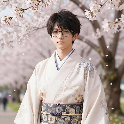 Photograph of an Asian young man with black hair and glasses, wearing a white floral kimono, standing under blooming cherry blossoms.