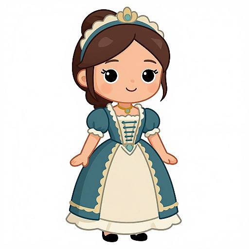 Cartoon-style drawing of a smiling young girl with dark brown hair, wearing a blue and white maid dress with puffed sleeves, white apron,