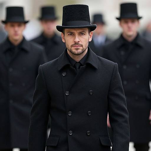 Photograph of a bearded man in a black double-breasted coat and top hat, surrounded by blurred men in similar attire.