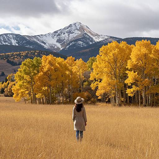 Photograph of a woman with long dark hair, wearing a beige coat and hat, standing in a golden field facing snow-capped mountains and vibrant autumn