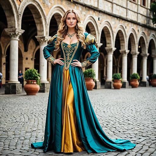 Elegant Medieval Duo Costume in Town Square