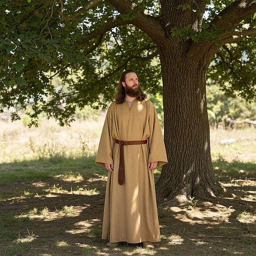 Man in Tan Robe Standing by Tree