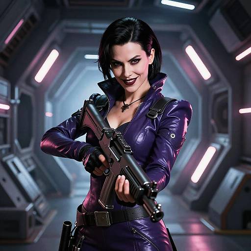 Digital art of a fierce, black-haired woman in a shiny purple jumpsuit, holding a gun, in a futuristic, neon-lit corridor.