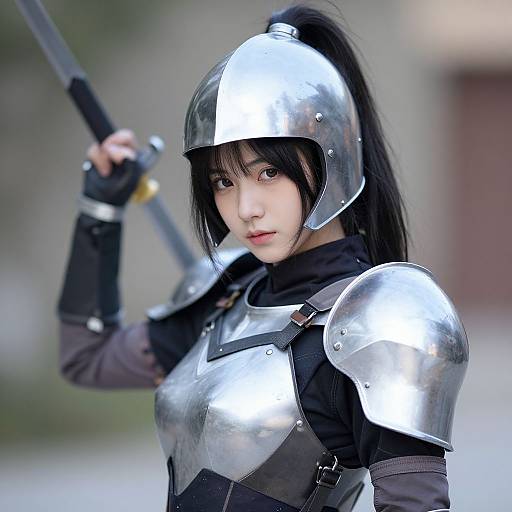 Photograph of an Asian woman with long black hair in silver medieval armor, holding a sword, wearing a metal helmet, outdoors.