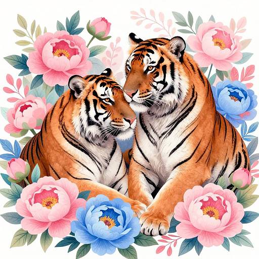 Digital illustration of two orange and black striped tigers sitting among vibrant pink and blue flowers, with green leaves, creating a romantic and natural scene.