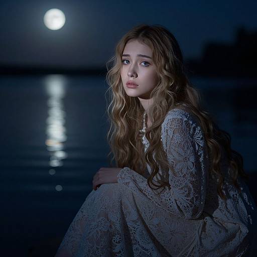 Photograph of a young woman with long, wavy blonde hair, wearing a lacy gray dress, sitting by a moonlit lake, with a