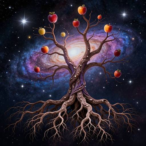 Digital art of a twisted, leafless tree with sprawling roots, adorned with red and yellow apples, set against a vibrant, starry galaxy and swirling