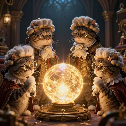 Photograph-style digital art: Four dressed-up, anthropomorphic tabby kittens with glasses and Victorian attire, surround a glowing, orb-like crystal ball in