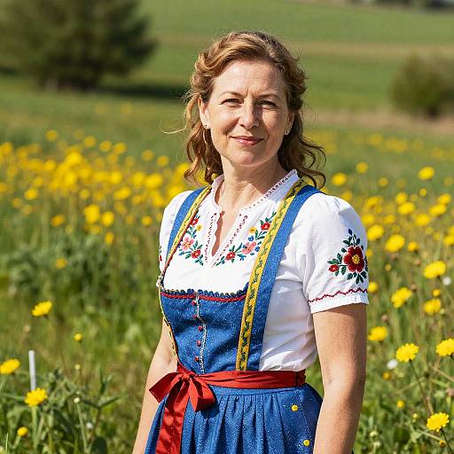 Photograph of smiling middle-aged woman with light brown hair, wearing a blue dirndl with white blouse and red sash, standing in a bright yellow