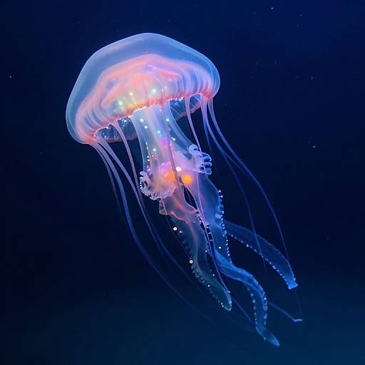 Photograph of a glowing, bioluminescent jellyfish with a translucent dome-shaped bell and trailing, wavy tentacles against a dark blue ocean