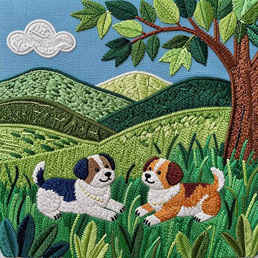 Vibrant Embroidered Scene with Playful Puppies