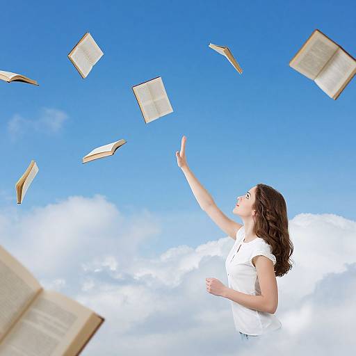 Photograph of a smiling woman with dark hair, wearing a white shirt, joyfully throwing open books into a bright blue sky with fluffy white clouds.