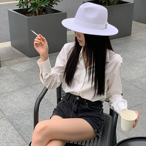 Woman in White Hat Smoking and Holding Cup