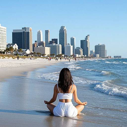 Photograph of a woman with long black hair, sitting cross-legged in white bikini, meditating on a sunny beach with a modern city skyline in the
