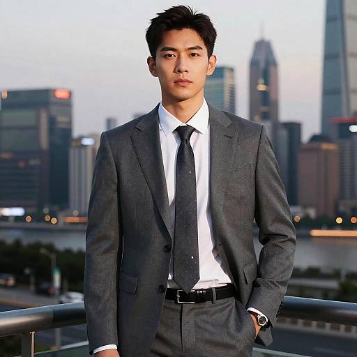 Photograph of an attractive Asian man in a dark gray suit, white shirt, and black tie, standing on a rooftop against a city skyline at dusk