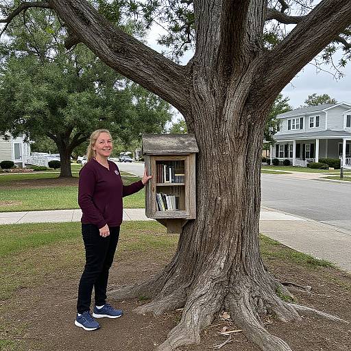 Photograph of a smiling blonde woman in a purple long-sleeve top and black pants, standing beside a tree with a small wooden bookshelf,