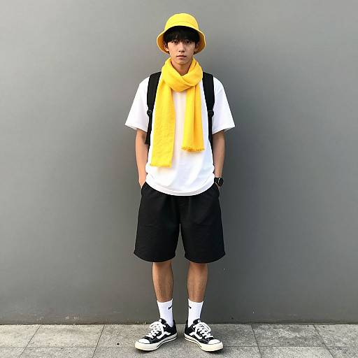 Young man in yellow bucket hat, white shirt, black shorts, yellow scarf, black backpack, white socks, black sneakers, standing against gray wall.