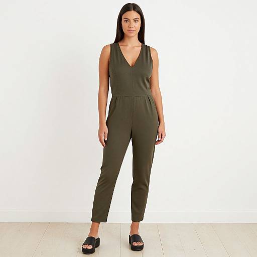 Photograph of a young woman with straight black hair, wearing a dark green sleeveless jumpsuit and black platform sandals, standing against a plain white background