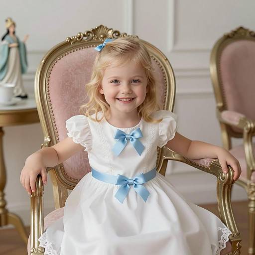 Smiling Blonde Girl in White Dress Sitting on Ornate Chair