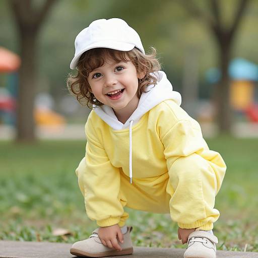 Photograph of a curly-haired toddler in a white cap, yellow hoodie, and white shoes, crouching and smiling in a park.