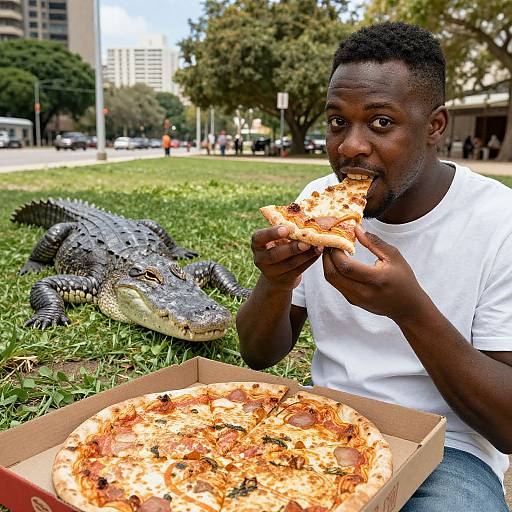 Photograph of a Black man with short hair eating pizza in front of a large, life-sized crocodile statue in a grassy park. Urban buildings