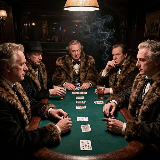 Photograph of six men in fur coats, black bow ties, and hats, playing poker at a dimly-lit table, with smoke rising.