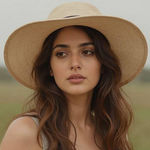 Photograph of a young woman with long, wavy brown hair, wearing a large, straw hat, looking slightly to the right, in a blurred