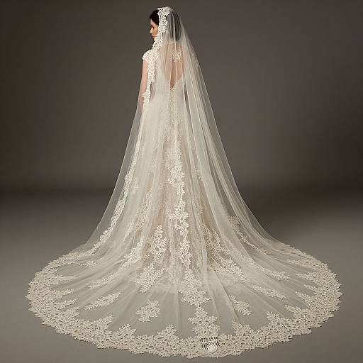 Photograph of a bride in a white lace wedding dress with a long, flowing veil adorned with intricate floral lace patterns, viewed from behind against a dark