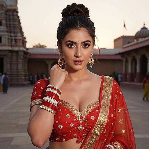 Photograph of a beautiful South Asian woman with dark hair in a bun, wearing a red and gold traditional outfit, gold jewelry, and bangles,