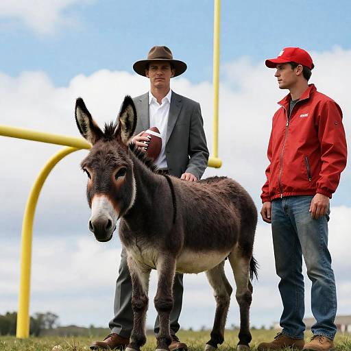 Two Men with Donkey on Football Field