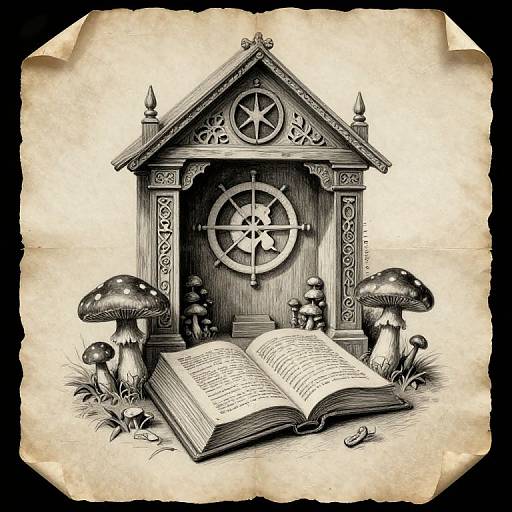 Ink drawing of a wooden house with a star and compass, flanked by mushrooms, in front of an open book on aged parchment.