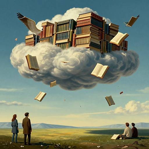 Digital artwork: A cloud floats in a blue sky, filled with floating books and birds, watched by two people standing and one sitting on a grassy